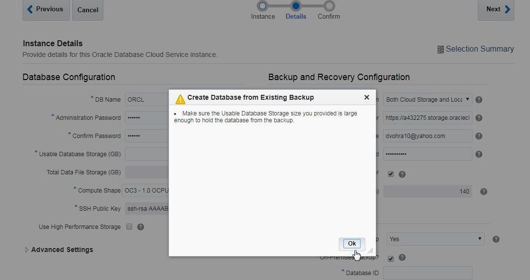 Figure 4. Create Database from Existing Backup Confirmation