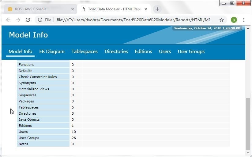 Figure 41. Model Info shows the Number of various types of Database Objects