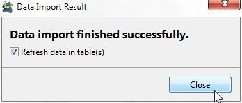 Figure 42. Data import result message. Data import finished.