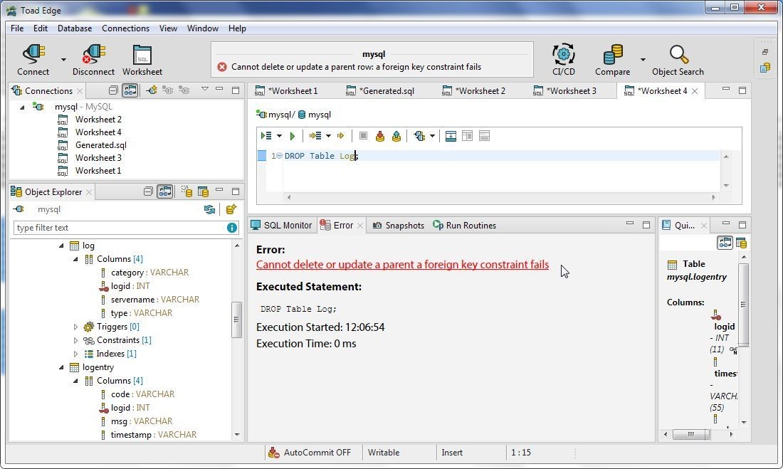 Figure 42. Error message. Log Table cannot be deleted or updated