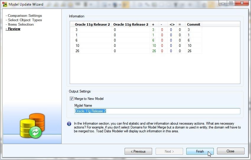 Figure 43. Review Source and Merge models, number of objects to add, remove, merge, and commit