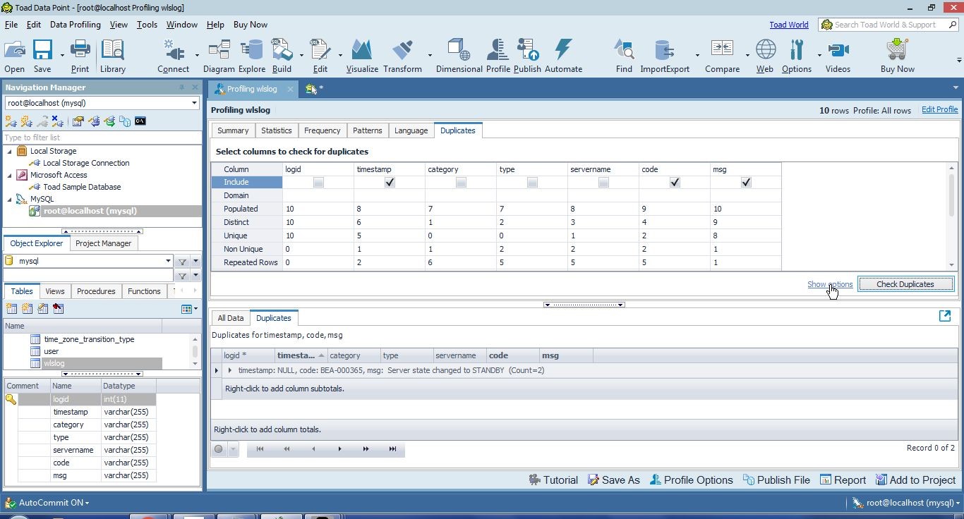 Figure 44. Click on Show options to choose comparison criteria