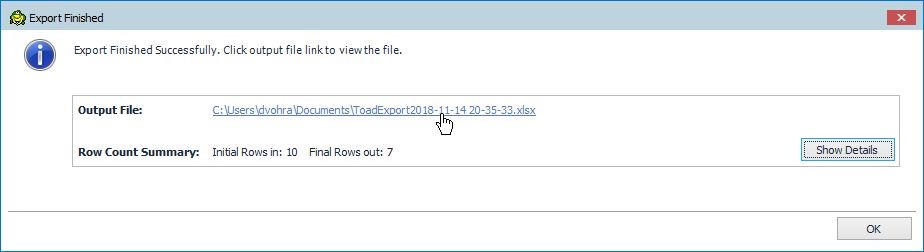 Figure 45. The Excel output filename is displayed as the Output File from the Export operation.