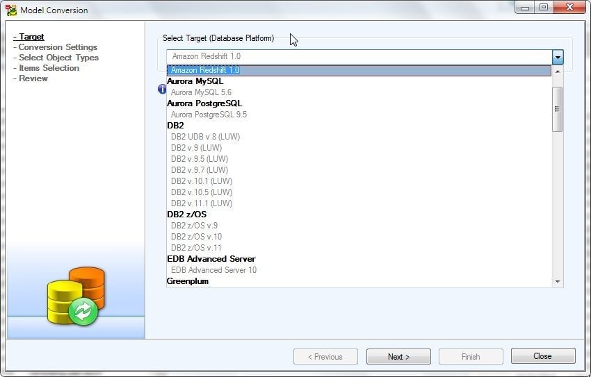 Figure 48. Selecting a target database platform in the Model Conversion Wizard