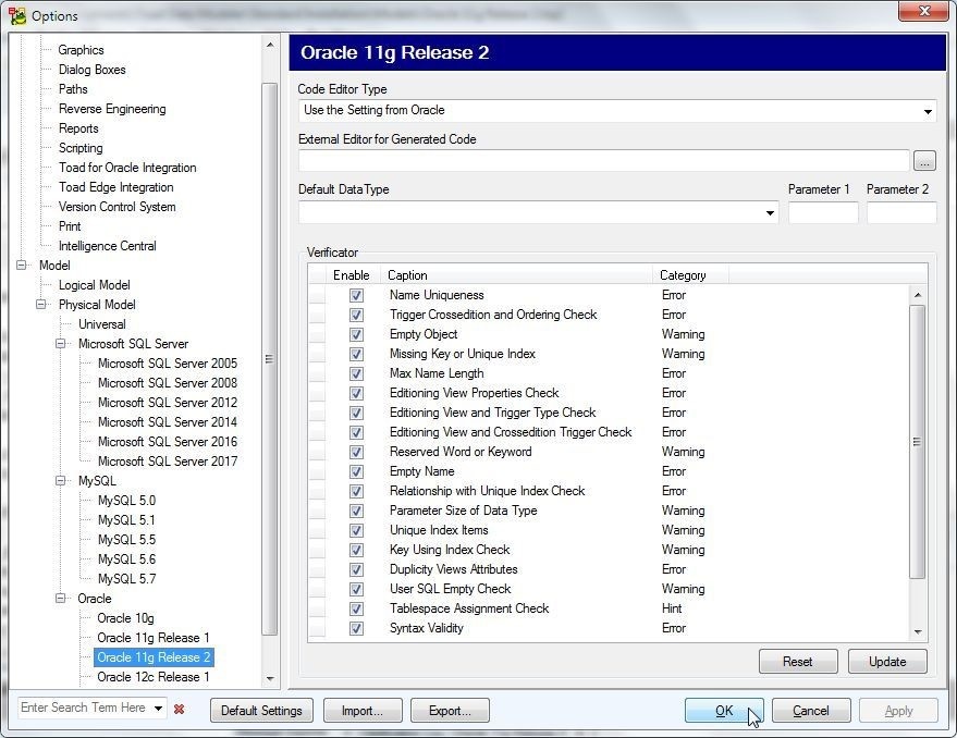 Figure 5. Default Verificator Settings