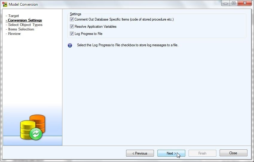 Figure 50. Selecting the conversion settings