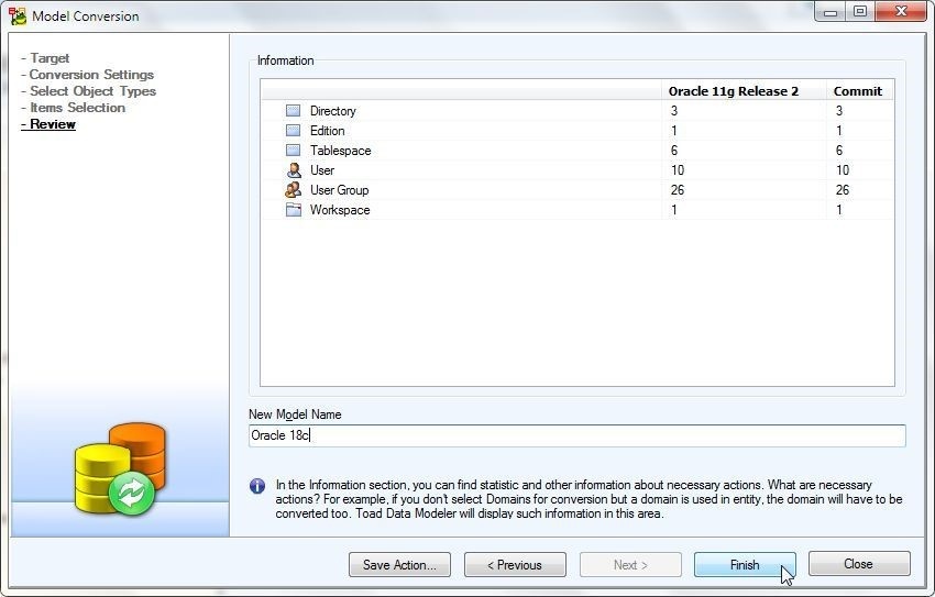 Figure 53. Review shows the summary of items to be converted. Click on Finish.