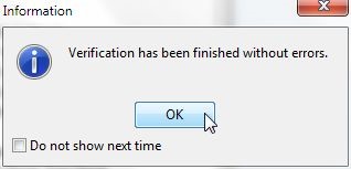 Figure 58. Information Dialog. Verification complete without errors. Click OK