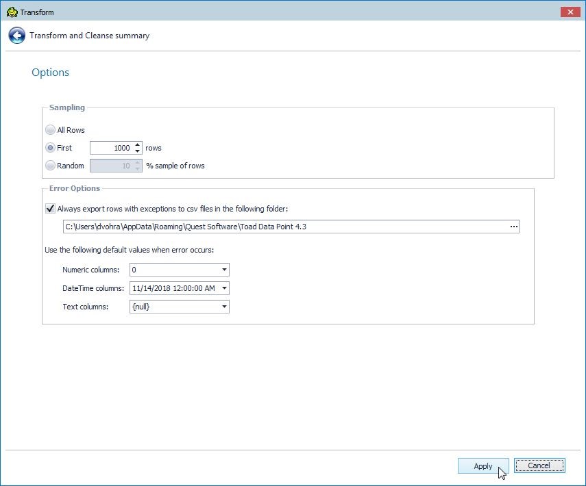 Figure 6. The selected Transform options