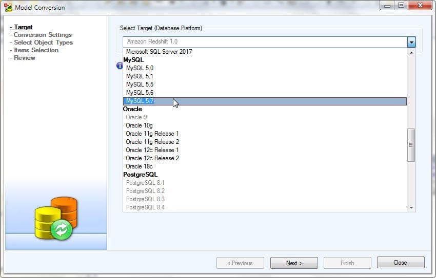 Figure 7. Selecting Model to Convert to as MySQL 5.7