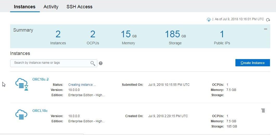 Figure 8. Window shows a new Oracle Database cloud service instance being created