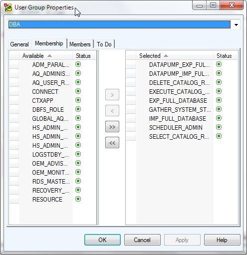 Figure 8. User Group Settings for the DBA group