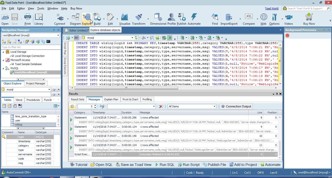 Figure 9. Click on Explore database objects