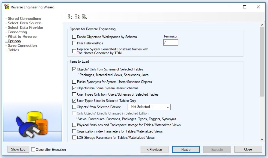 Figure 9. Configuring the settings for reverse engineering