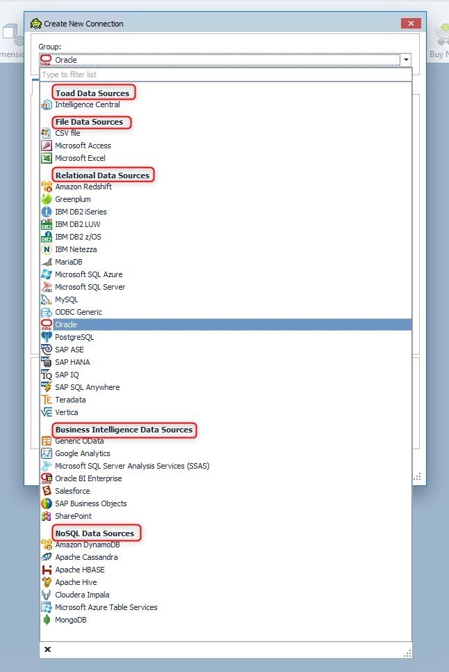 Connectivity to data sources in Toad Data Point