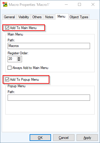 Screen shot showing Macro Properties ‘Macro1’ accessibility options.