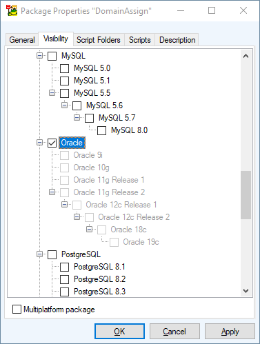 Screen shot showing package properties “Domain Assign” Visibility tab.