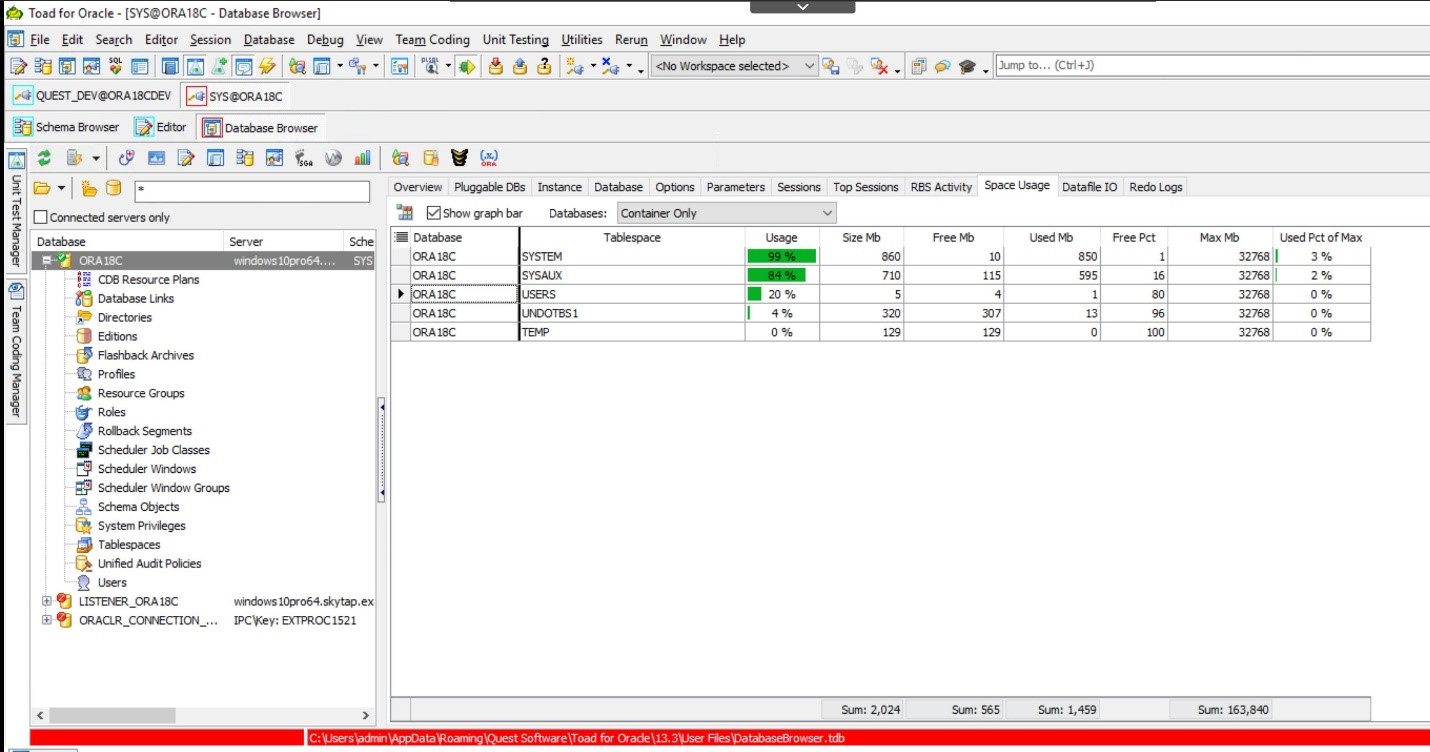 Toad for Oracle. Database Browser. The Space Usage tab displays an overview of tablespace usage details for all of the tablespaces used in this instance at a quick glance.