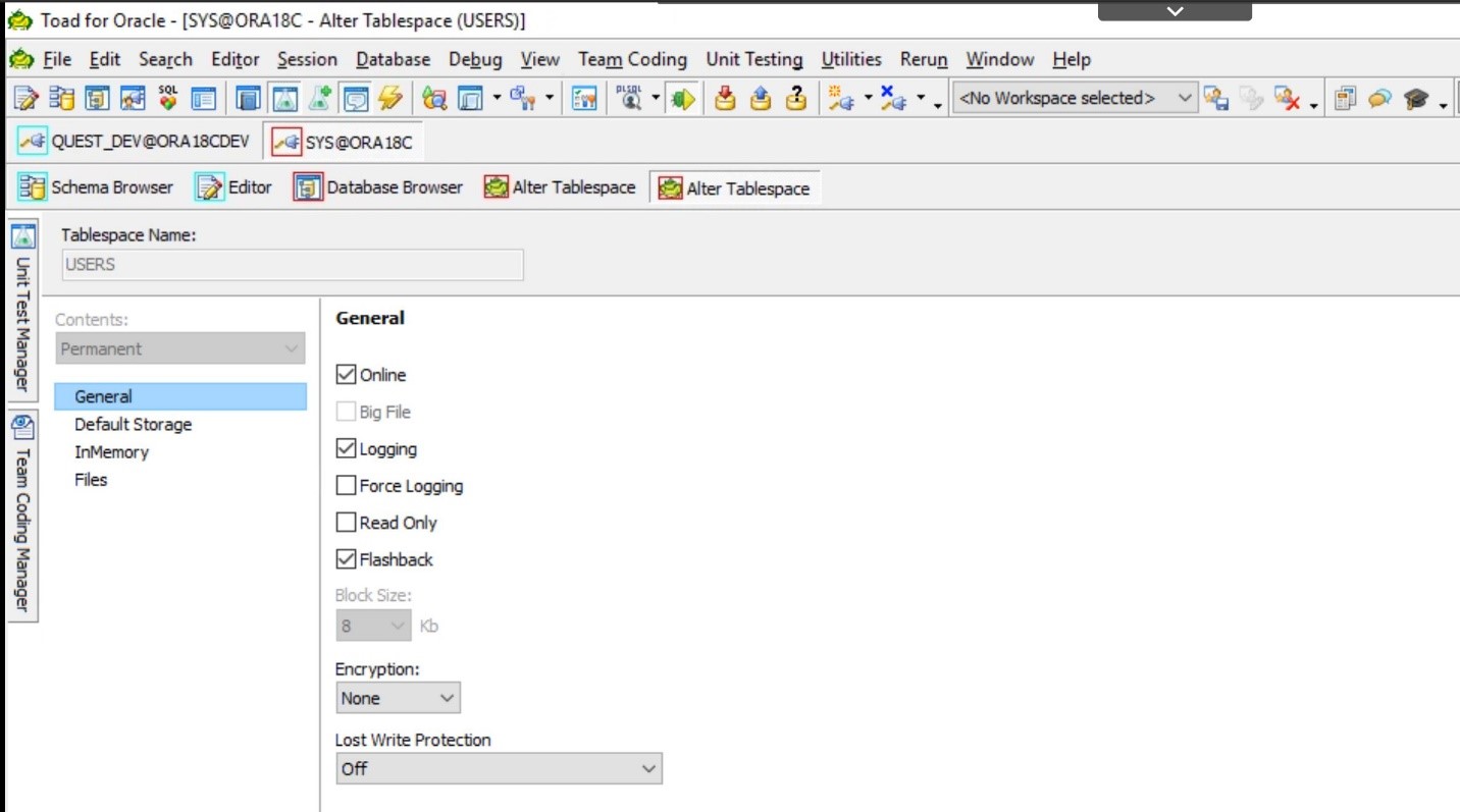 Toad for Oracle. Database Browser. Double-clicking on a tablespace will take you to the ‘Alter Tablespace’ window where you can manage the tablespace