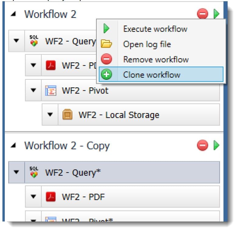 Menu showing Workflow, clone workflow.  What's new in Toad Data Point Workbook 5.1.3.