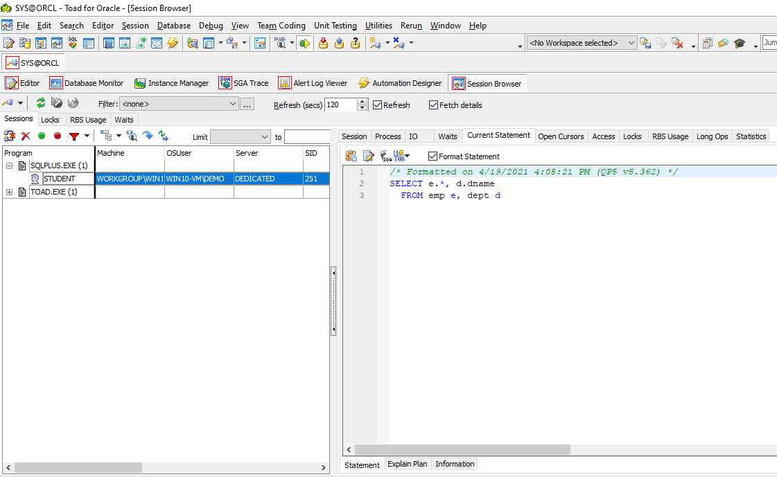 Toad for Oracle Session Browser