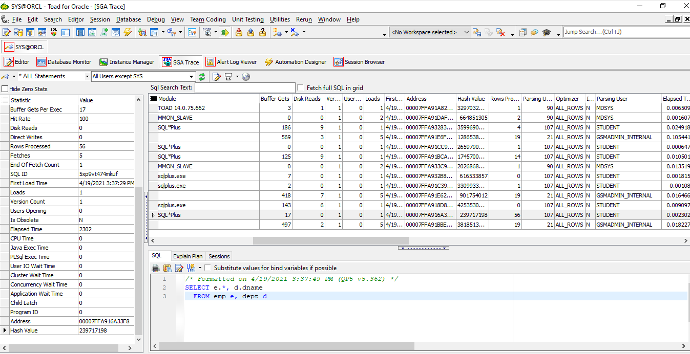 Toad for Oracle SGA trace