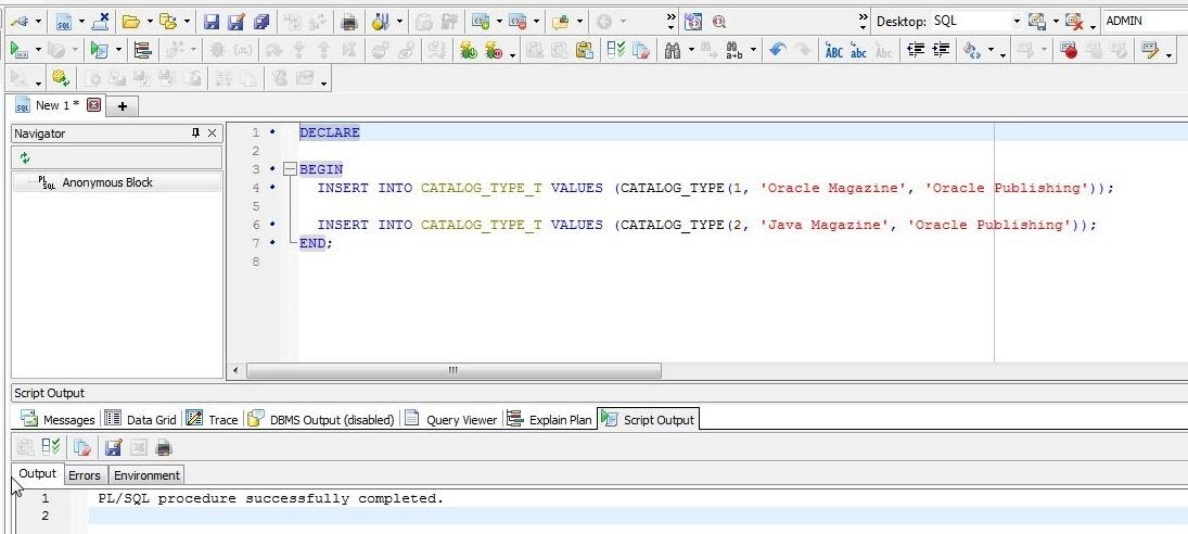 PL/SQL procedure successfully completed