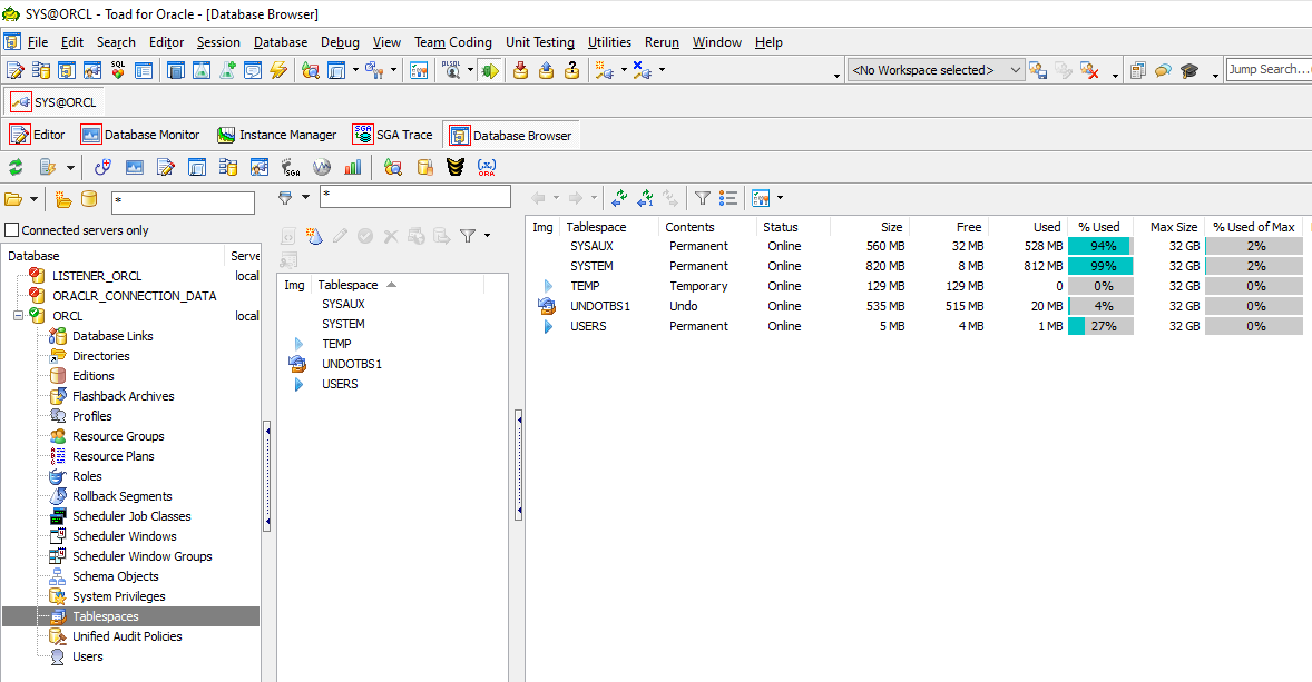 Database Browser tablespace capacity