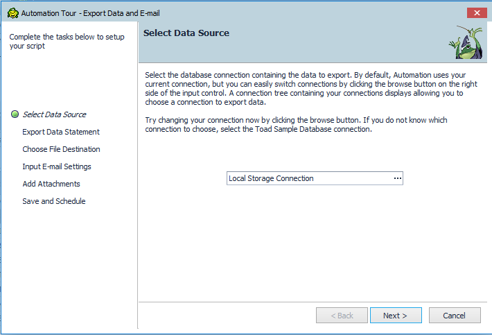 Changing the database connection in the Toad Data Point Automation Wizard