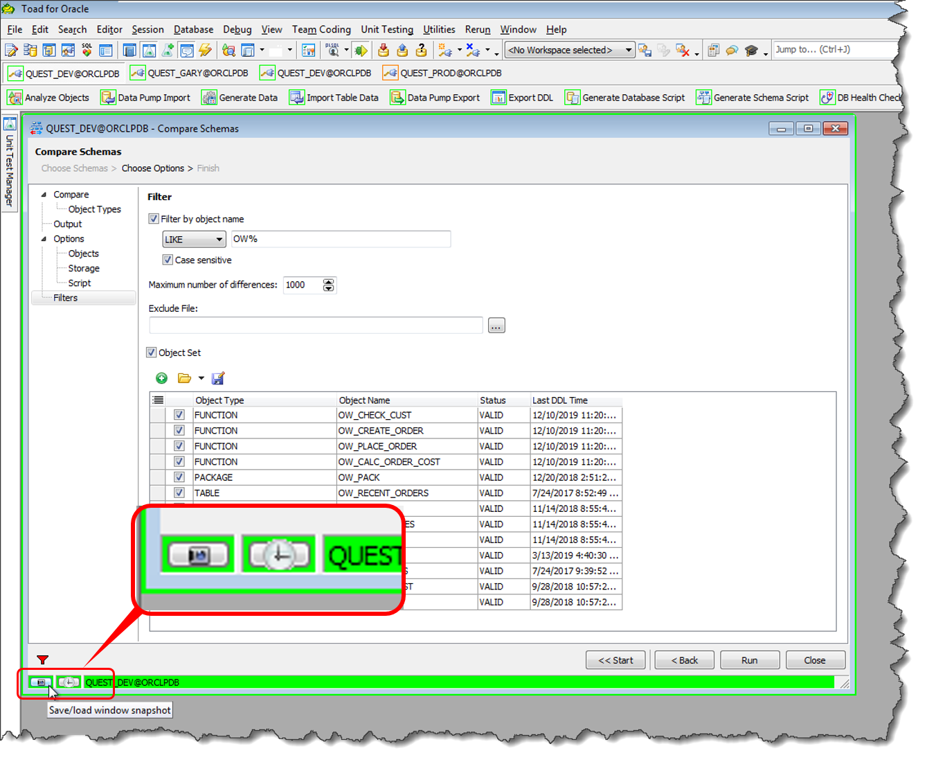 Screen shot of what the Camera and Watch icons look like in Toad for Oracle.