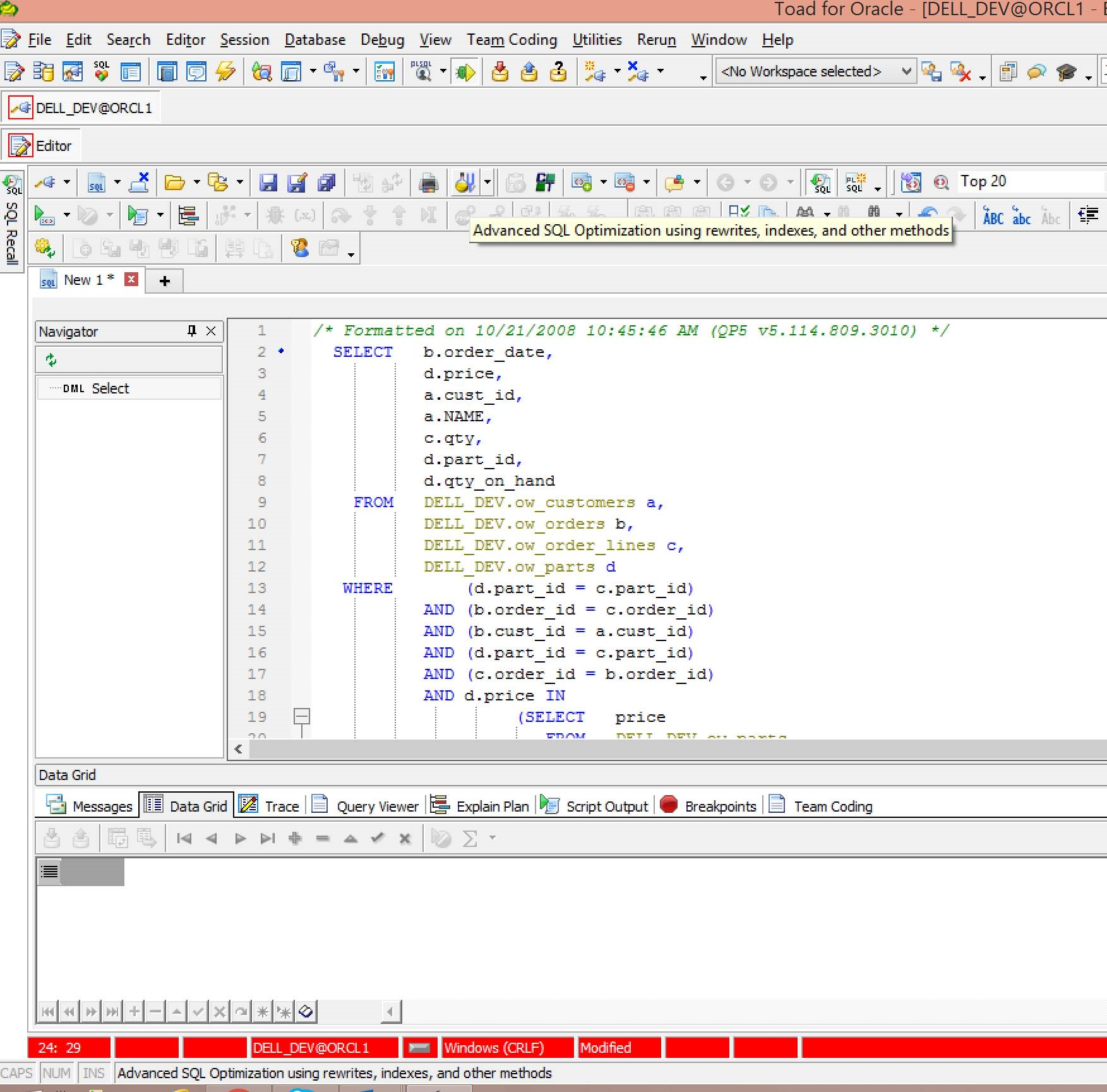 Screen shot: How to access Toad SQL Optimizer