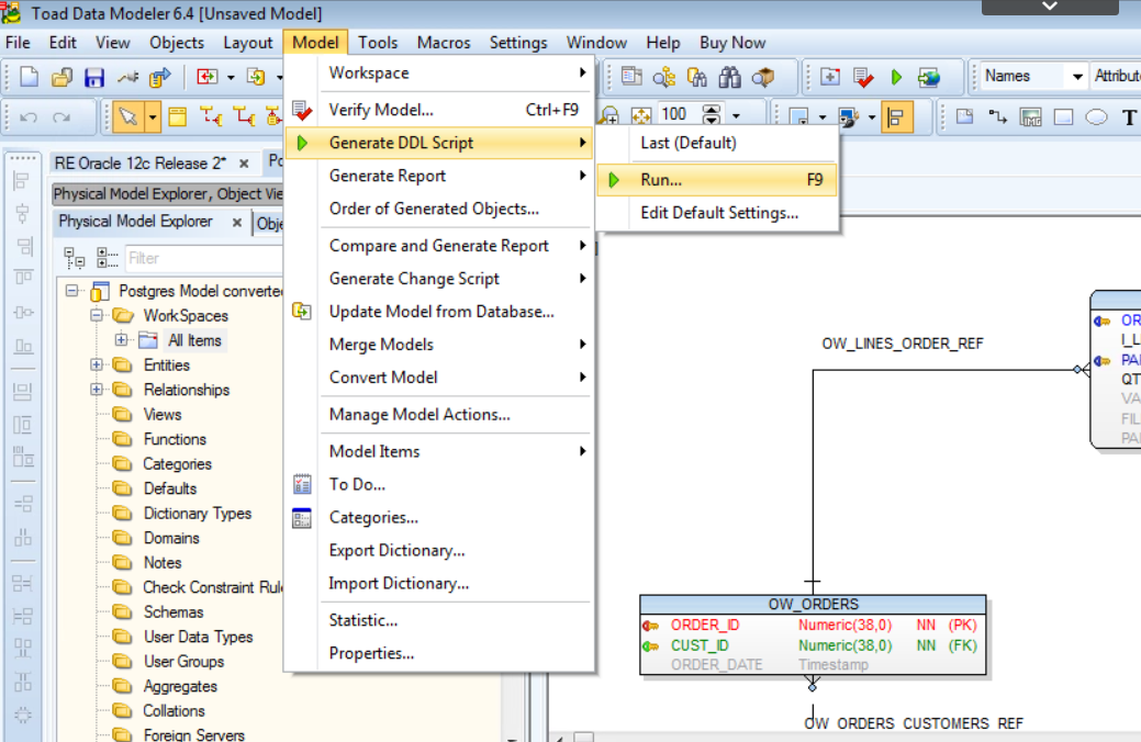 Screenshot of another feature in Toad Data Modeler, where you can use the Generate DDL Script feature to get the converted database DDL.