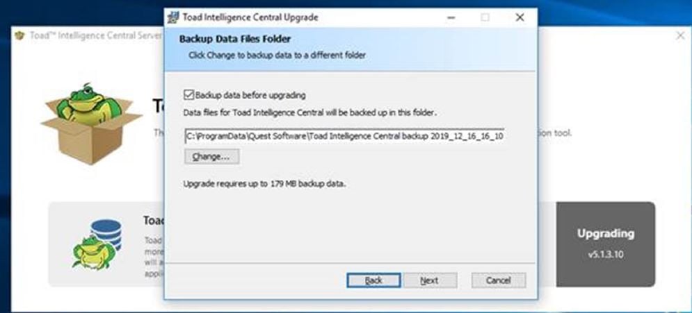 Screen shot of Toad Intelligence Central, auto backup.