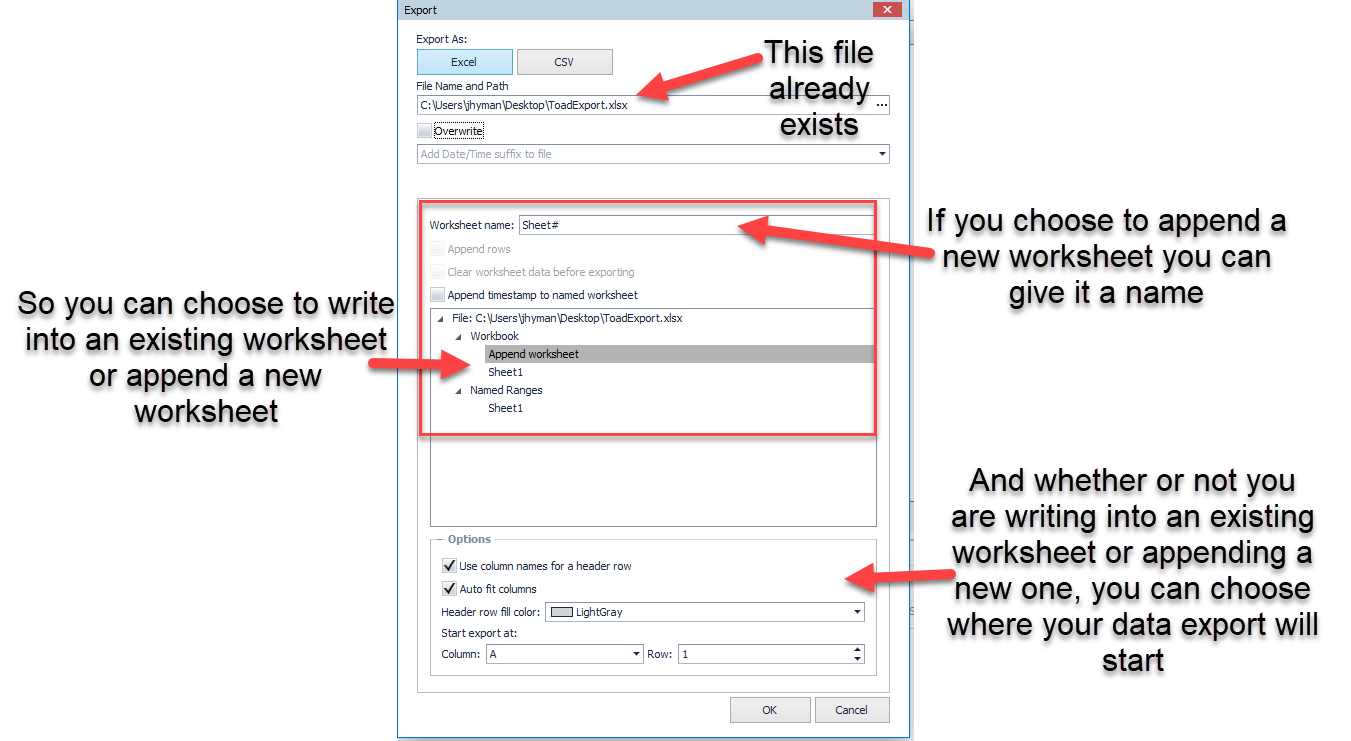 Select Export and choose your format, name the worksheet, append the worksheet and choose additional options like where it will start.