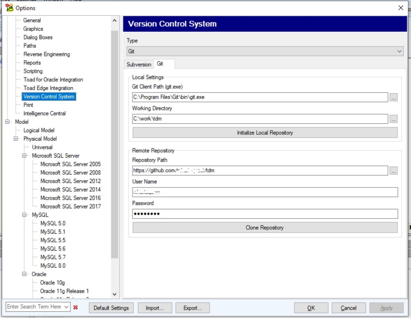 Screen shot of The Toad Data Modeler options page, where you configure your VCS options.)