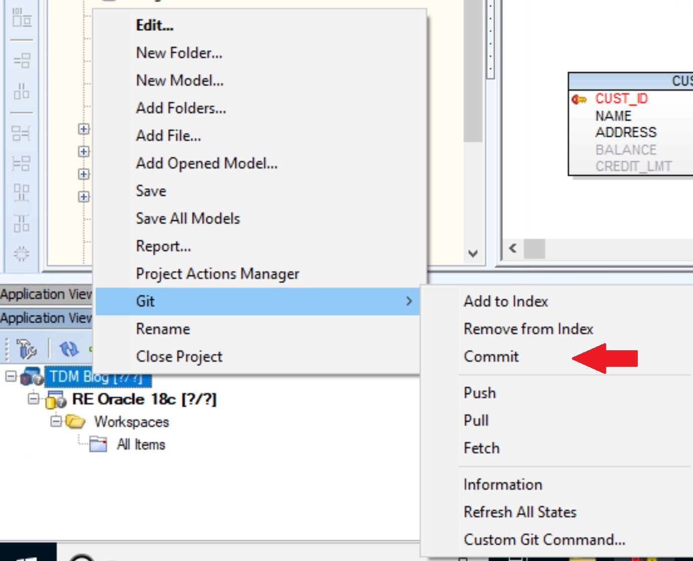 Screen shot of Toad Data Modeler, showing how to chose Commit from the menu to add this project to Git.