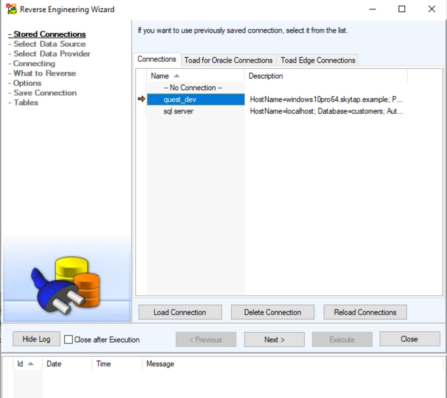 Screen shot of Toad Data Modeler showing how to use a predefined connection or create a new connection. 