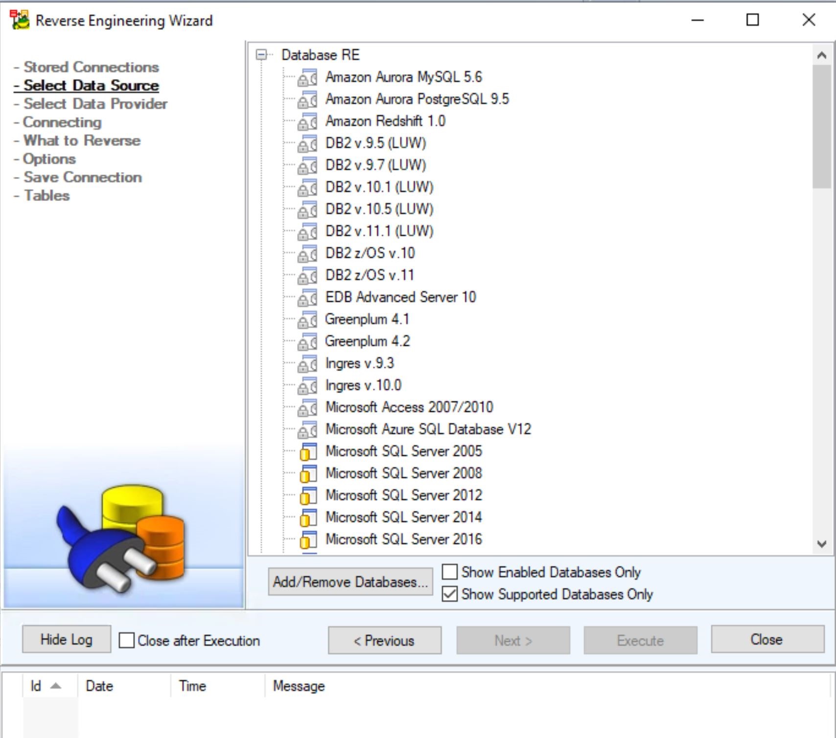 Screen shot of Toad Data Modeler showing the subset of all the data sources available to work with.