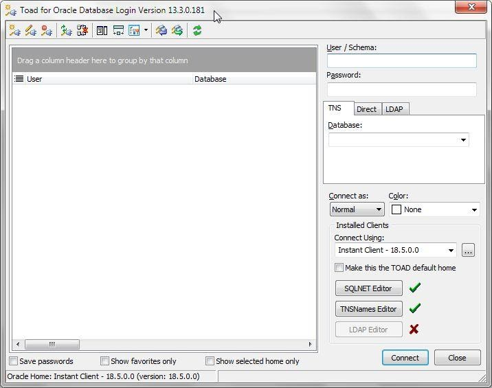 Toad for Oracle Login Dialog.