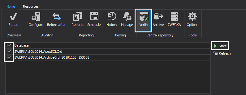 ApexSQL Audit can demonstrate auditing trail integrity on demand. Click Verify, ensure the online repository is checked, as well as any of the previously created repository archives which need to be submitted for the integrity check, click Start.