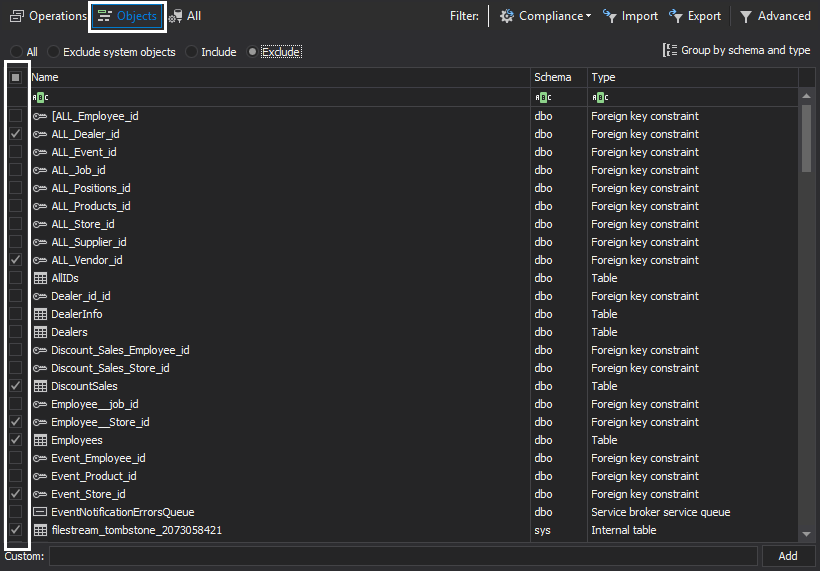 Select the database in the left panel and then click on the Objects filter in order to include or exclude specific objects from the auditing job by ticking appropriate checkboxes next to the objects names.