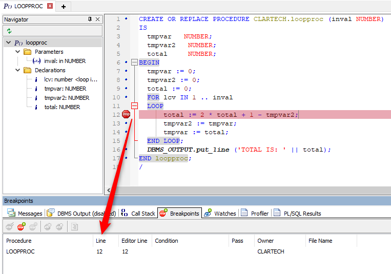 Enter the breakpoint in the margin of line 12 and the Toad will mark the entire line in red with a stop icon. 