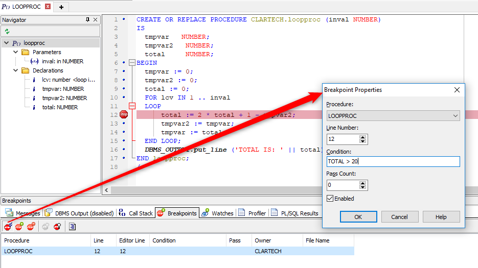 Select the breakpoint from the grid; the icons that become enabled are: Edit, Add, Delete, Disable, and View Source.  We click on the Edit button. A modal window opens and we enter the condition TOTAL > 20 and click on the OK button.