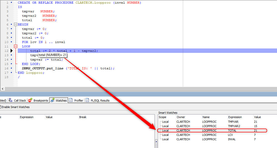 ince the value of the TOTAL variable is greater than 20, the debugging stops, and in the Watches tab we can see all the current values of the variables.