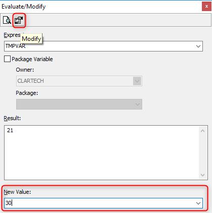 The popup window that allows us to modify the value of the variable TMPVAR is opened, and in this case, we can see that the result is 21. We enter the new value, for example 30, and we click on the Modify icon and close the window. 