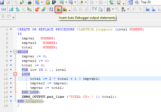 To work with the auto debugger provided by Toad, we click on the icon Insert Auto Debugger output statements. 