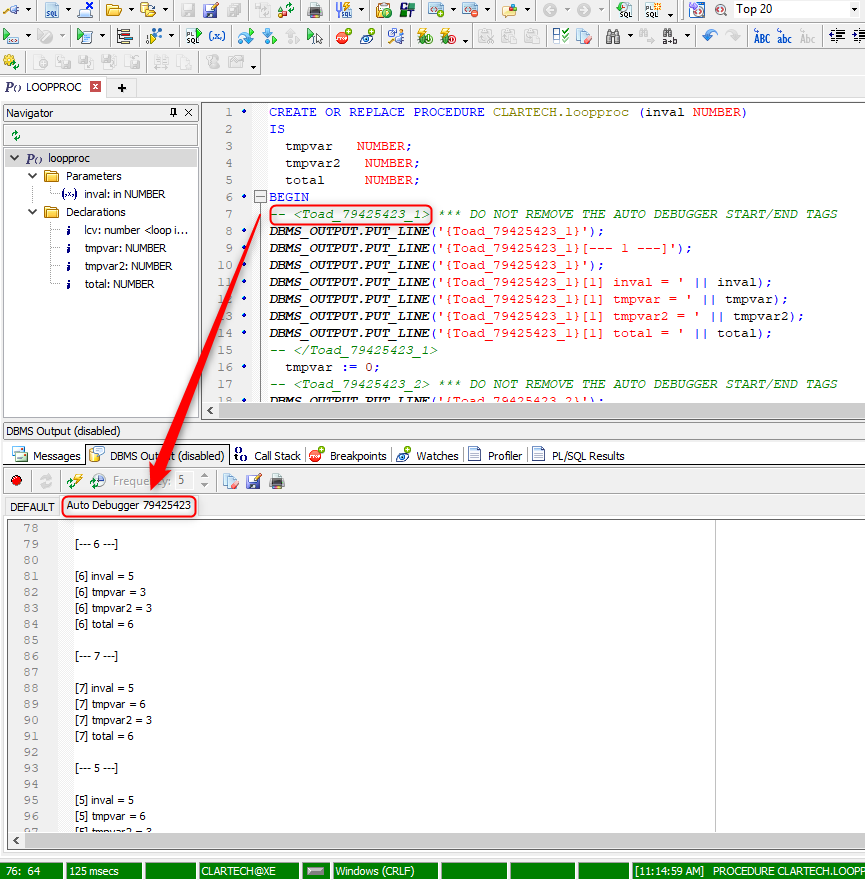 Immediately upon completion of debugging, a new tab is added within the DBMS Output tab called Auto Debugger <number> which shows the value of each variable for each iteration. 