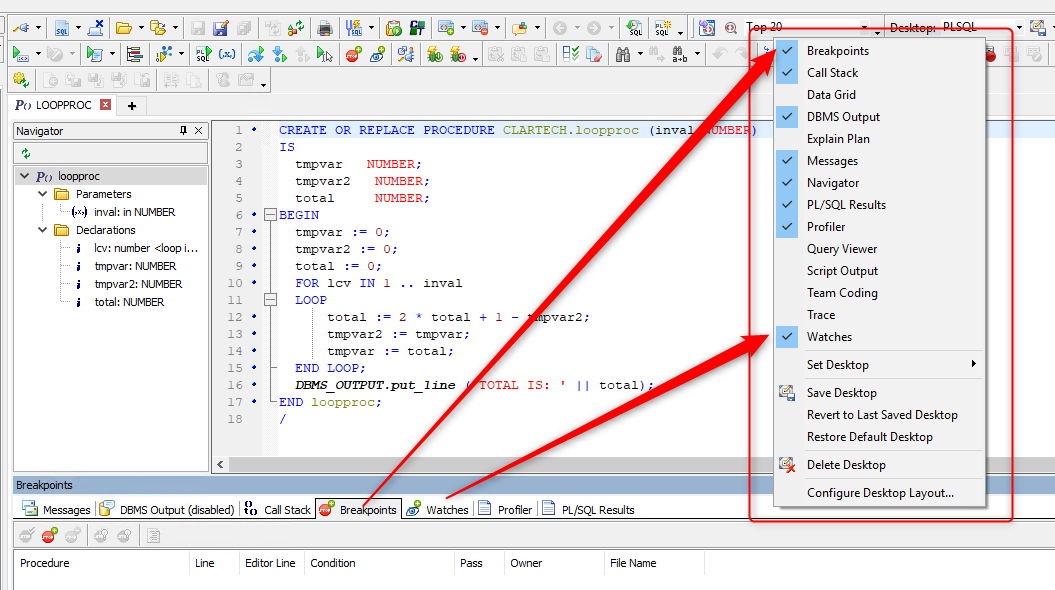 The tabs required for this demonstration are Watches and Breakpoints.