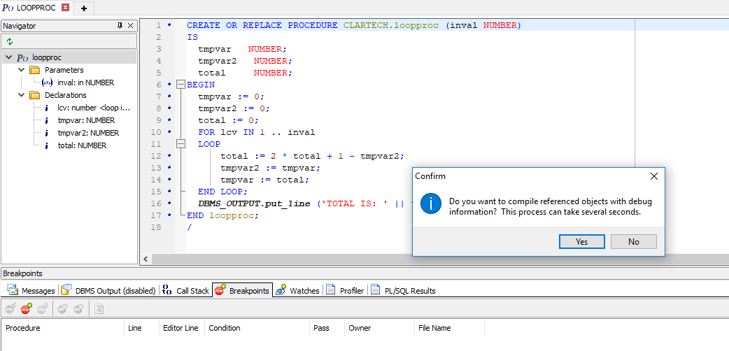 The following confirmation message is displayed, "Do you want to compile referenced objects with debug information? This process can take several seconds."