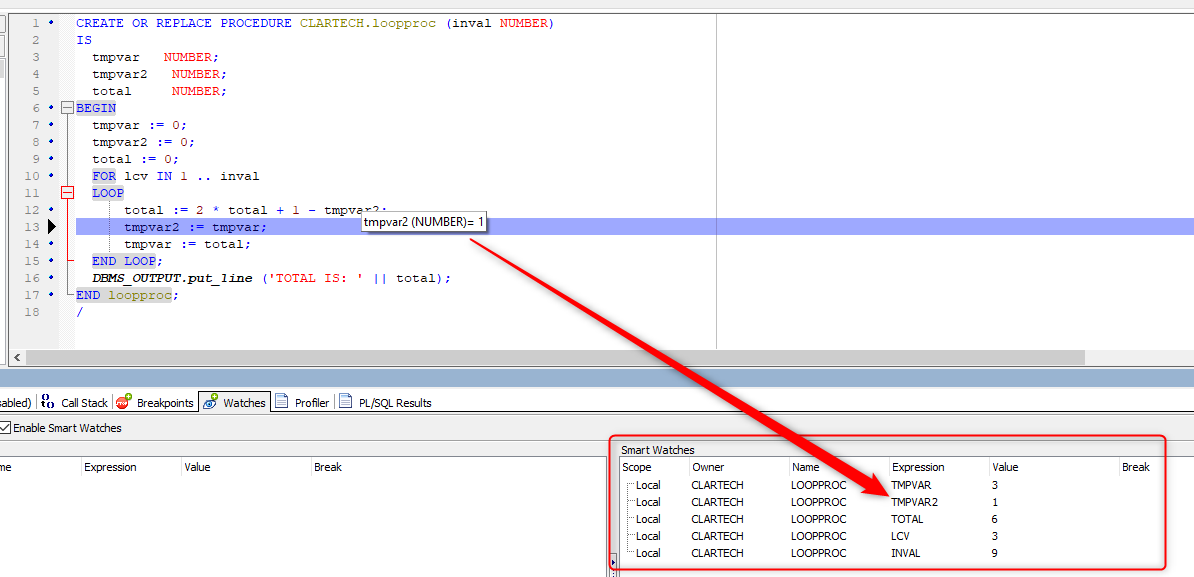 When we go through the code and enter the loop, we can see how the variables change their value in the Smart Watches.